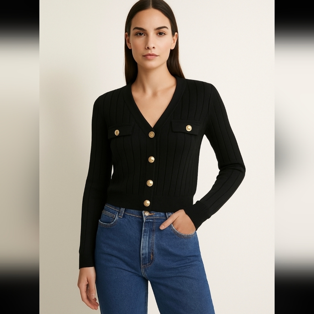 Vintage Button Embellished Ribbed Cardigan